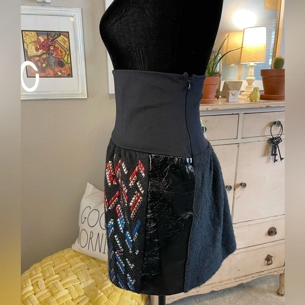 Tsumori Chisato Skirt Sz 2 Studded Black Wool Mohair Vegan Leather Mini Designer